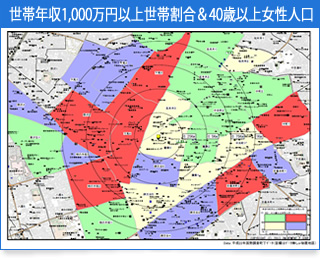 世帯年収1,000万円以上世帯割合＆40歳以上女性人口